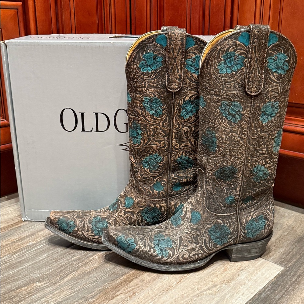 Old Gringo Cowboy Boots Edwine Turquoise Brown Floral Flower Wedding Tooled 7.5 - Picture 3 of 10
